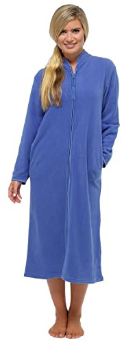 Peignoir long en polaire douce pour femmes Tailles UK 10 à 24 Robe avec fermeture éclair devant et poches, bleu, 46-48