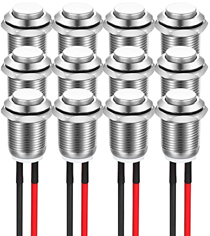 GUUZI 12 Stück 12mm 2A 12V/24V/125V/250V AC Momentary Druckknopf Metallgehäuse mit Vorverkabelung, IP65 Wasserdichter Druckknopf (Hoher Kopf)