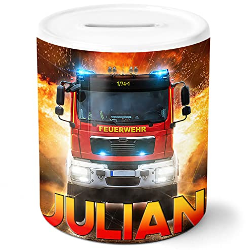 timalo® Feuerwehr Spardose personalisiert mit Namen | Personalisierbares Kinder Geschenk Sparschwein Feuerwehrauto Geschenkidee für Jungen | spardose-kind-11