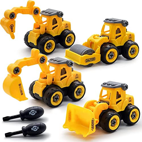 Morofme Bagger Sandspielzeug, Bauwagen-Spielzeug zum Zerlegen für Kinder, Montagetechnik Fahrzeuge, Autos, Spielzeugset mit Bagger, Bohrwagen, Straßenwalze, Bulldozer, pädagogisches Spielzeug