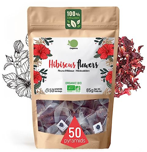 ORIGEENS Flor de Jamaica BIO, 50 bolsitas de té | Flor de Hibisco Ecológico por Te Frio, Agua de Jamaica, Infusion | Te de Hibisco organico por Dieta Detox Drenante