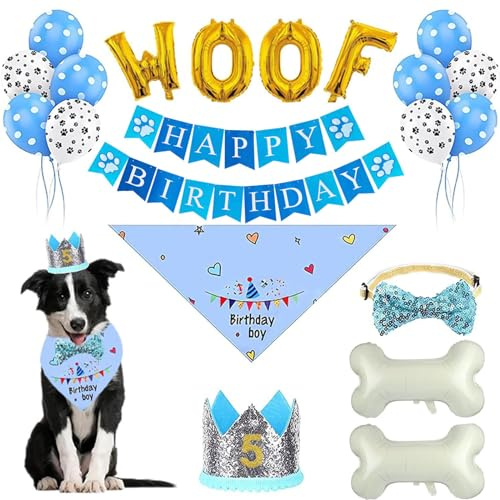 Hunde Geburtstag Banner,Haustier Hund Geburtstag Party Supplies, Blauer Junge Hund Geburtstag Hut Bandana mit Knochen Ballons Welpe Geburtstag Banner für Haustier Geburtstag Party Supplies