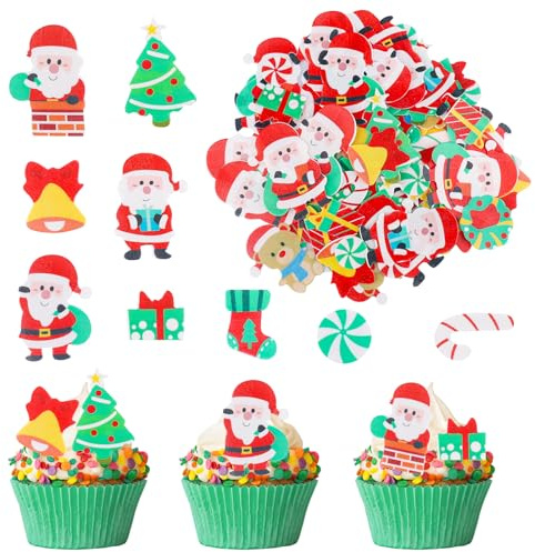 ENLACE Esspapier Weihnachten Tortendeko,100 Stück Weihnachten Cupcake Topper,Essbare Weihnachtsdeko für Torte,Kuchen Deko Weihnachtsmann,Muffin Deko Elch für Weihnachtsfeier,Cupcakes,Kuchen