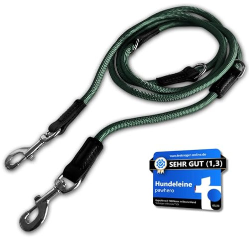 pawhero® Hundeleine verstellbar für große & mittelgroße Hunde | 2,5 Meter | 5-Fach Längenverstellbar | Nylon Führleine & Umhängeleine | Runde Doppelleine mit 2 Karabiner | Waldgrün