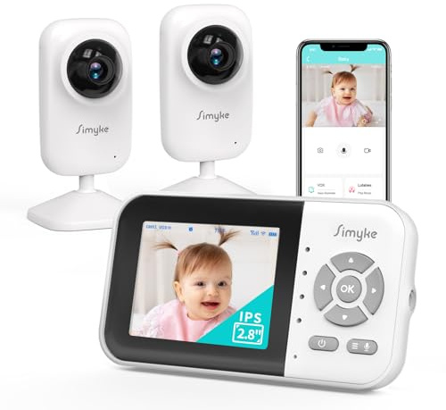 Simyke Upgrade Video Baby Monitor with 2 Cameras and Audio 2.8'' Screen, 2 Way Talk, 1200ft Long Range, Feeding Clock, Temperature Detection, Portable Wireless Baby Cam Home Use