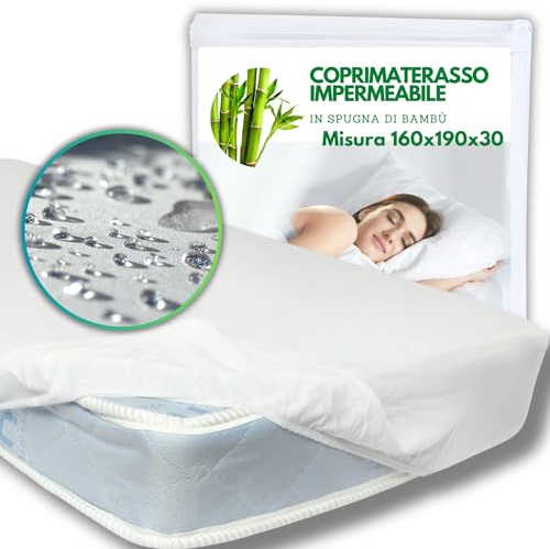 MammaVaiTra Coprimaterasso Matrimoniale Impermeabile in Bambù 160x190x30 cm - Compatibile con 160x200x25 cm