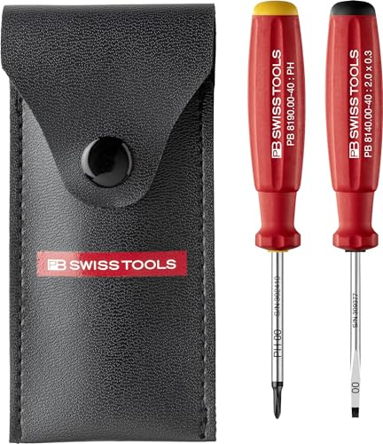 PB Swiss Tools Mini Schraubendreher Set Kreuz Schlitz PB 8535 | 100% Swiss Made | 2-teiliger Schraubenzieher Satz Grösse PH 00 in praktischem Kunstleder-Etui