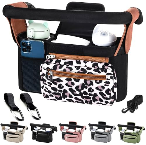 Tyuodna Kinderwagen Organizer Universal,Kinderwagen Tasche mit 2 Isolierten Becherhalter,Buggy Organizer,Kinderwagentaschen mit Schultergurt und Rutschfeste Sichere Haken (Leopardenmuster)