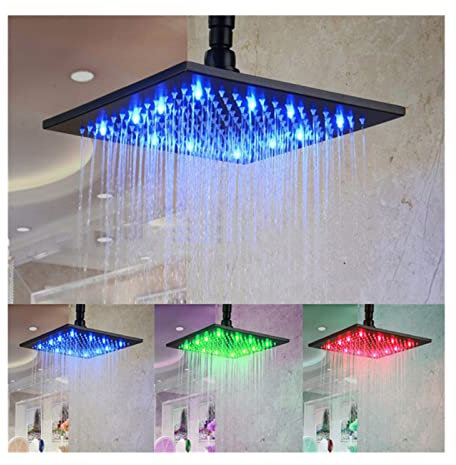 CLLBANT 12-Zoll-Regenduschkopf, quadratischer LED-Regenduschkopf, schwarz, Fester Hochdruckduschkopf, verstopfungsfreie Silikondüsen, Temperatur, 3 Farbwechsel, Edelstahl/Grün (Grün)