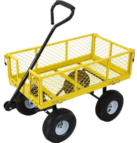 OZBME Chariot de Jardin en Acier, côtés Amovibles en Treillis d'acier, 3 pi³, capacité 550 LB, Jaune