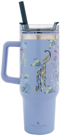 Sara Miller Savannah Large Travel Cup, Stainless Steel Double Wall Insulated Tumbler with Handle and Straw, Holds 40floz, Blue