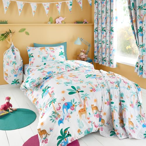 Happy Linen Company Girls Boys Kids Sunset Safari Animals White Single Reversible Soft Easy Care Bed Linen Duvet Cover Quilt Bedding Set With Pillow Case