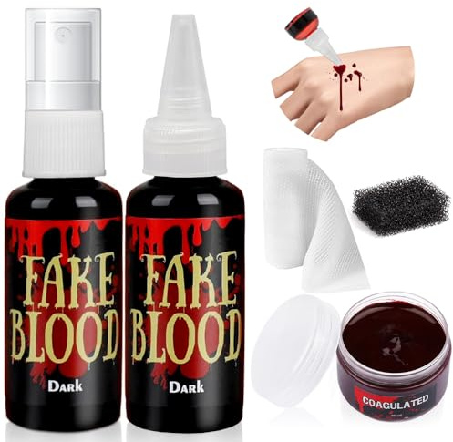 Faux Sang Halloween, Halloween Make UP Set, Sang Artificiel Halloween, SFX Zombie Vampire Clown Maquillage, 60ml de Sang Frais Artificiel, 60ml de Gouttes Faux Sang Rouge Foncé, 30g Plaste Sanguine