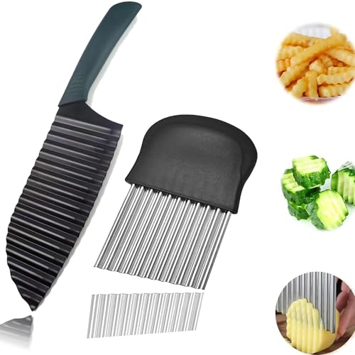 2 Stück Wellenschneider,Wellenschneider Kartoffelme,1 Crinkle Cutter&1 Pommes Wellenmesser Edelstahl mit Schützendem, Scharfes, stabiles und leicht zu schneidendes Wellenmesser für Gemüse, Salat und P