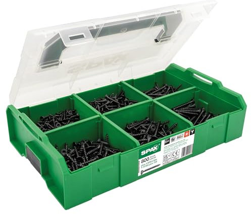 SPAX Caja de montaje L-BOXX Mini BLAX, juego de tornillos con 800 tornillos universales negros en 6 dimensiones, incluye 3 T-STAR más puntas T20 – 5000009162029