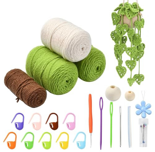 LiQunSweet Green Monstera Leaf Crochet Kit DIY Wool Yarn Woven Creative Hanging Basket Plants Knitting Kits with Step-by-Step Video for Beginner Home Keychain Decoration