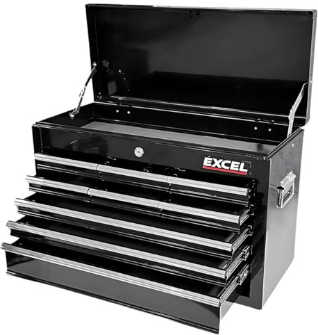 Excel 24 9 Drawers Portable Tool Chest Cabinet with Ball Bearing Slides Black, Heavy Duty Steel Toolbox with Ball Bearing Slides, Lockable Garage & Workshop Storage, Black