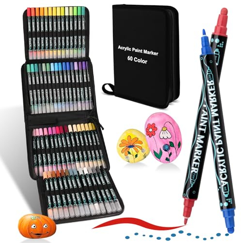 colpart Acrylstifte für Steine wasserfest-Steine Ostereier zum Bemalen Doppelendige Acrylic PaintPermanent Marker Stift Für Kunststoff Glas Holz Keramik Metall Reifen Leinwand.-60BagtypeSet