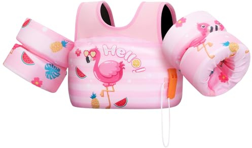 HeySplash Braccioli Galleggianti per Bambini, Accessori per Piscina, Spiaggia, Aiuto di Nuoto per Bambini, con Motivo Cartone Animato per Bambini da 15-30kg, Fenicottero a Strisce Rosa