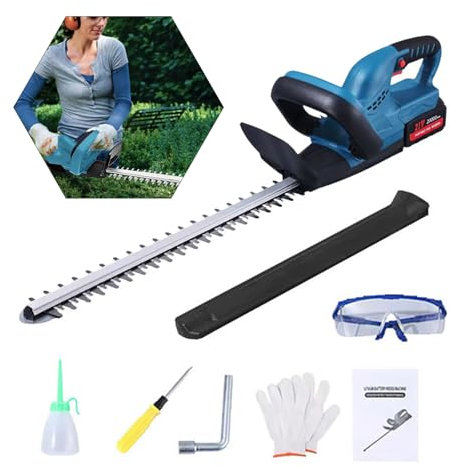 Taille-haie électrique, Taille-haie Portable sans Fil, 52 cm Longueur de Coupe, 15 mm écartement des Dents, avec Capot de Protection, Deux Lames, Alimenté par Pile (sans Batterie)