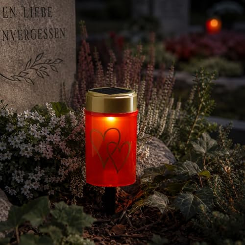MARELIDA LED Solar Grablicht Grabkerze mit Herzmotiv Grableuchte mit goldenen Doppelherzen H: 12cm Lichtsensor Erdspieß (rot)