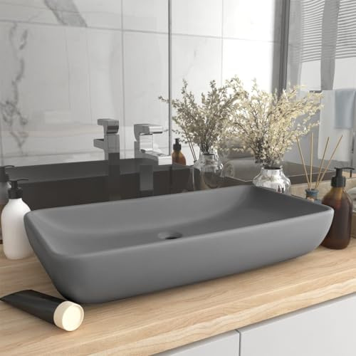 Myheimly Luxus Waschbecken Rechteckig Waschtisch Aufsatzwaschbecken Waschplatz Handwaschbecken Aufsatzwaschtisch 71x38cm Keramik Matt-Hellgrau