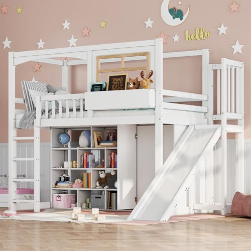 Moimhear Lettino a castello, con griglia di protezione anticaduta, con scivolo per bambini e armadio, in pino+MDF + compensato, bianco, 90 x 200 cm