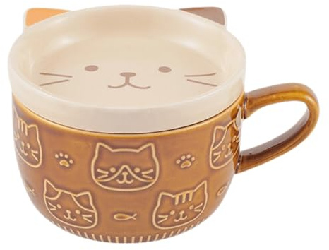 Starry Mart Japanese Style Ceramic Cup with Lid - Cat | 300ml Cute Animal Mug | Tea & Coffee Cup (Cat)