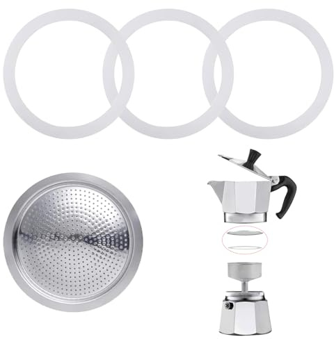 Gasket for 6 Cup Espresso Maker, with Aluminum Sieve Insert, Gasket Seals Parts Moka Pot, Replacement Food Grade Seal Silicone, Includes 3 Gaskets and 1 Filter for Stovetop Coffee Maker(6 Cups)