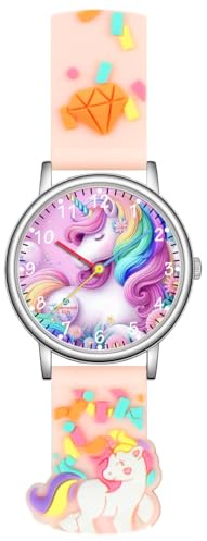 Alienwork Barn lärande klocka barn pojkar flickor inlärningstid lätt silikon mjuk vattentät, Enhörning/Silver/Rosa / Gummi Armband Rosa Flerfärgad