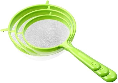 3 tamices de harina verde con mango largo, colador de harina de plástico para colgar, filtro de polvo, colador de malla fina, filtro de café, coladores de alimentos, colador de té