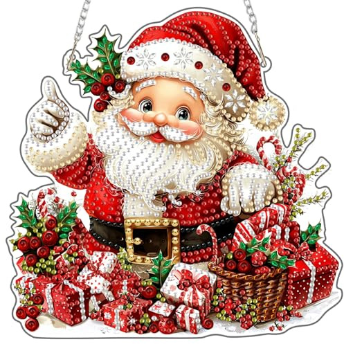 MAXBYE Diamond Painting Fensterbilder Christmas Erwachsene, Diamond Painting Kristall Hanging Pendant mit Kette, Weihnachtsmann DIY Gem Art Window Pictures Both Sides Für Fenster Wand Decor 20x20cm