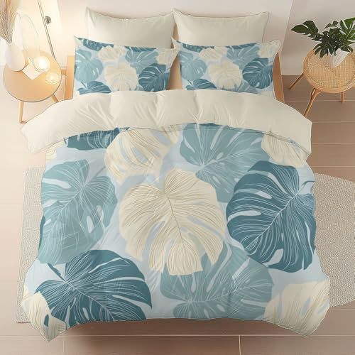 Easy Care Duvet Cover 230 x 221 cm, Retro Simple Monstera Leaves Printed duvet cover, Breathable and comfortable, fashionable and atmospheric Bedding, Suitable for adults and children, Cream