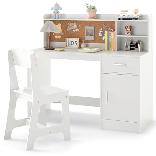 COSTWAY Set Scrivania e Sedia per Bambini 3+ Anni, Tavolo da Scrittura in Legno con Mensole, Cassetto e Bacheca in Sughero, Tavolo e Sedia per Disegno e Studio (Bianco)