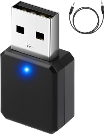 QingCming USB Bluetooth auto chiavetta per musica e chiamate vivavoce 5.1, adattatore wireless con uscita AUX e USB, ricevitore audio plug and play con cavo da 3,5 mm per auto, altoparlanti e PC