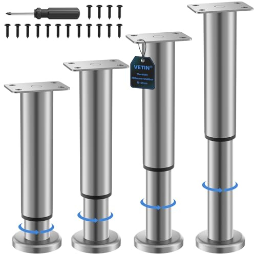 VETIN 4 Stück Möbelfüße Verstellbar, Möbelfüße Höhenverstellbar 15-27cm | Hohe Belastbarkeit, Gummibasis, Metall-Möbelfüsse, Für Schrank, TV-Schrank, Bett, Sofa, Nachttisch, Stuhl & Badezimmerschrank