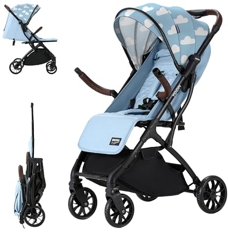 Daliya® YOOPI Reisebuggy, faltbar, mit Teleskopgriff, Flugzeug Buggy, Alluminiumrahmen, Stufenlose Rückenlehne, Stadt-Buggy, Aufbewahrungstasche (Blau mit Muster)