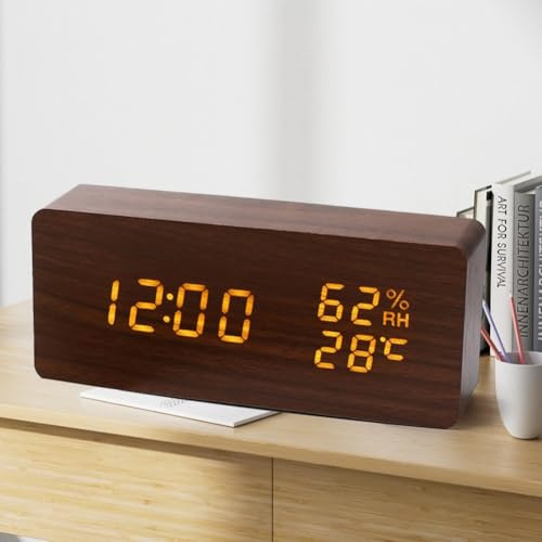 Wooden Silent Alarm Clocks, with Thermometer and Hygrometer, U-S-B Type-C Powered Multi-Functional Desk or Bedside Clock