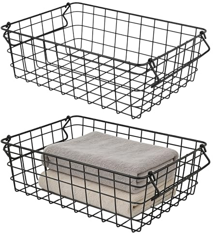 CHUIFAI 2 Stück Drahtkorb Schwarz 37x26x12cm, Metallkorb Eckig Draht Aufbewahrungskorb, Gitterkorb Offenes Design für Küche, Bad, Büro