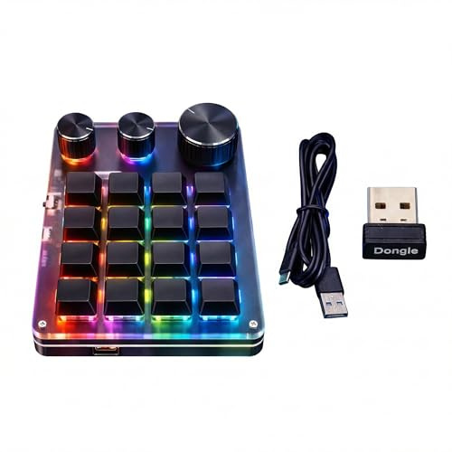 Fabater Programmierbares Makropad, 16-Tasten-Tastatur, Kabellos mit 3 Knöpfen, Einhändig Programmierbare Mechanische Tastatur, RGB- mit Hintergrundbeleuchtung Zum Spielen (Black)
