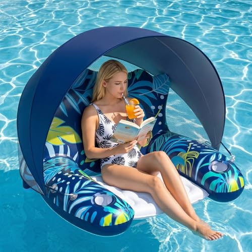Colchoneta Piscina, Shyllin Piscina Hinchable Adultos con Parasol, Hinchables, Flotadores, para Leer en Verano y para Fiestas Acuáticas(Azul)
