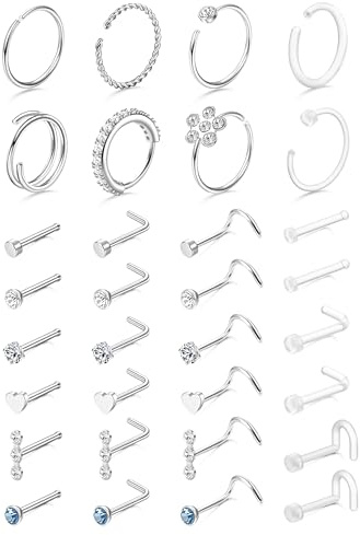 Diamday 32 Piezas Piercing Nariz Mujer Hombre Acero Quirúrgico Hipoalergénico Plata Clavo Nasal Transparente de Acrílico Forma L Recta y Espiral Piercing Nostril Hélice Trago Joyería Corporal 18G