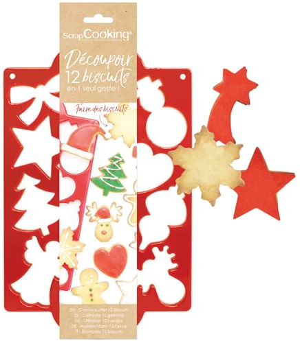 ScrapCooking - Plaque Découpoir Biscuits de Noël - Avec 12 Formes Emporte-pièces pour Sablés, Biscuits, Décoration - Moule Pâtisserie en Plastique - Rouge - 2070