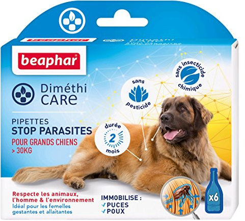 Beaphar – DIMÉTHICARE – Pipettes Stop parasites pour Grand Chien (>30kg) – Contre puces, tiques et poux – sans Pesticide et sans Insecticide Chimique – À l'Aloe Vera – Durée 2 Mois – 6 pipettes