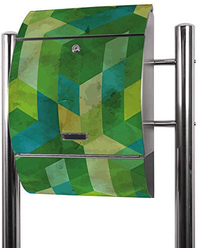 banjado® Standbriefkasten Edelstahl mit Zeitungsfach Motiv Grüne Würfel/Briefkasten mit Standfuß/Edelstahl Briefkasten freistehend - A4 Einwurf inkl. 2 Schlüssel