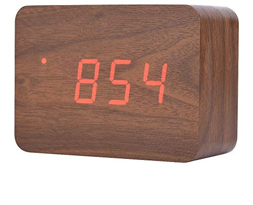 Zerone LED-Uhr für den Schreibtisch, Wecker für den Morgen, Digitale Uhr, Würfel/Rechteckig, Datum, Temperatur, mit digitalem Reisewecker (Nussbaum, rechteckig)