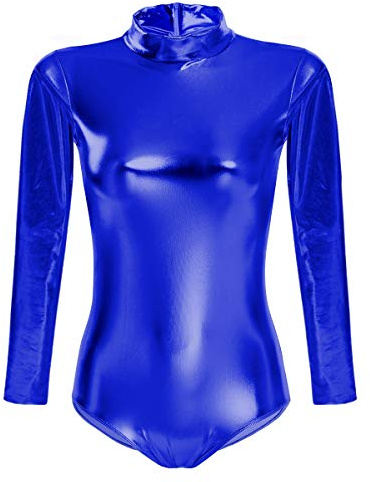 Donna Corpo in Pelle di Danza Balletto Ginnastica, Body Elastico A Manica Lunga Collo Alto Lucido Metallizzato Ginnastica Body con Cerniera Leotards Bodysuit Un Pezzo Casuale Jumpsuits Blu Reale XS
