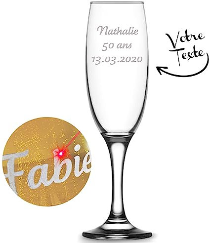 KDO MAGIC Verre à champagne personnalisé - Gravure prénom ou Texte - Flûte à champagne personnalisable - Cadeau Noël, mariage, anniversaire (Modèle Texte)