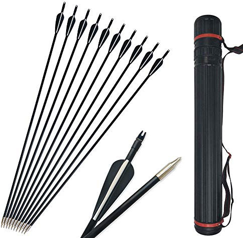 SHARROW 12 Stück Bogenschießen Fiberglaspfeile Bogen und Pfeile 31 Zoll Bogenpfeile Spine 500 Fiberglas Pfeile mit Köcher für Recurvebogen und Compound Bogen (Schwarz)