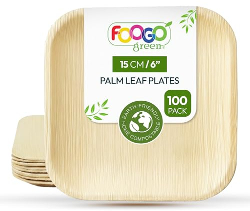 FOOGO Green 100pcs Disposable Palm Leaf Plates, 6 (15cm) for Desserts | Eco Friendly Biodegradable Compostable Like Wooden, Bamboo & Small Square Paper Side Plates for Hot Food